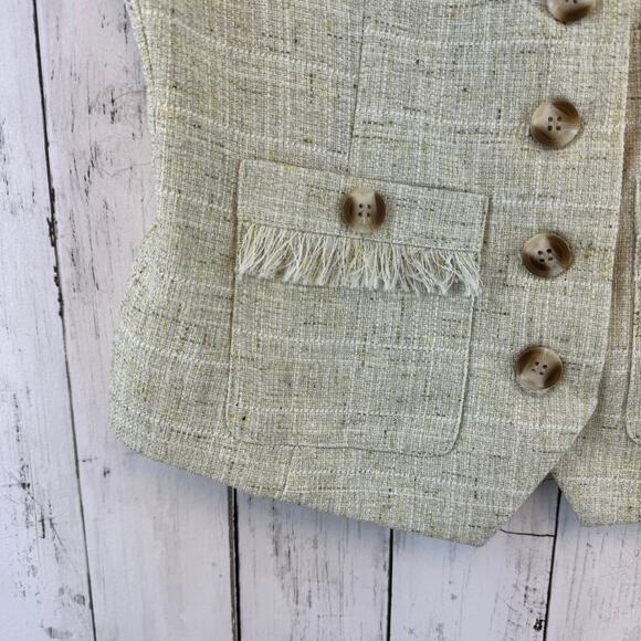 Avec Les Filles Green Textured Tweed Suit Vest Fringe Pockets V-Neck Size Small - Picture 5 of 13